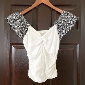 Anthropologie White & Black Floral Puff Sleeve Top Size S